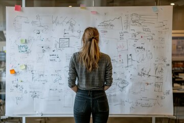 Fototapeta premium Woman Looking at a Whiteboard Filled with Drawings