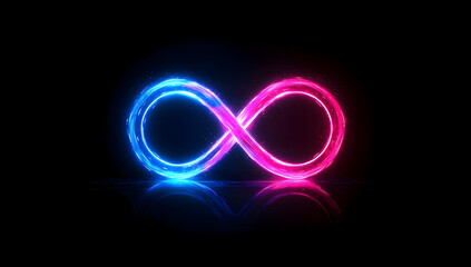 A vibrant infinity symbol that combines blue and pink neon lights, representing endless possibilities and creativity.