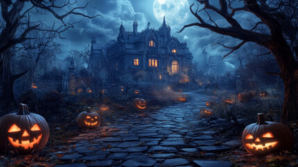 Eerie Halloween night with haunted mansion, glowing pumpkins, and full moon
