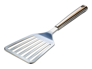 Silver slotted spatula with a gold handle, featuring a stylish and durable design. Perfect for upscale kitchens and professional cooking environments. Isolated on transparent background, png.