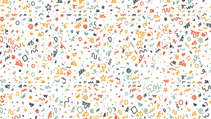 Vector illustration of colorful small stripes and swirl lines background. Fun Doodle sketch style of colorful shapes and lines on white background. colorful line doodle seamless pattern