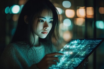 Woman using a glowing digital device in the dark