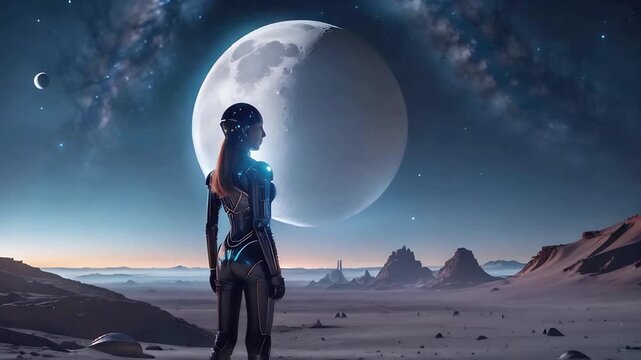 A slender silhouette of an android girl stands in the futuristic space of an alien planet and looks at the huge round moon in the sky and the sparkling stars and constellations.