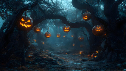A spooky forest scene illuminated by glowing jack-o'-lanterns, creating an eerie Halloween atmosphere.