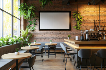 Modern Cafe Interior with Blank Canvas Mockup.