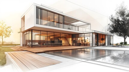architectural sketch of modern house with terrace, perspective view with Wide yard