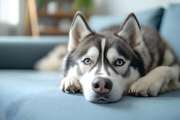 A serene Siberian husky relaxing on a beautiful blue couch, showcasing its striking blue eyes and soft fur in a cozy indoor setting.
