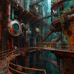 Surreal Industrial Fantasy Scene with Rusty Machinery and Lush Foliage