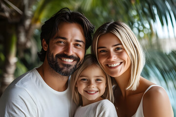 Naklejka premium A joyful family portrait featuring a smiling father, mother, and daughter surrounded by tropical greenery.