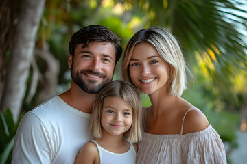 Fototapeta premium A happy family poses together outdoors, showcasing love and connection amidst a lush tropical backdrop.