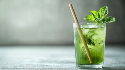 Chilled green tea in a glass with bamboo straw, close-up on a light background
