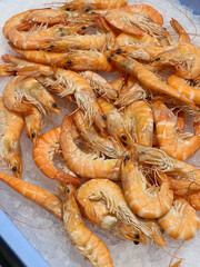 Prawns on Ice in a Supermarket Seafood Counter Display