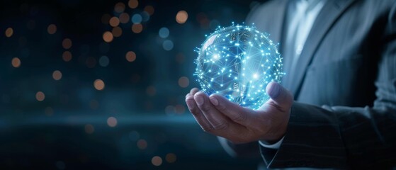 A businessman holds a glowing orb of digital connections.