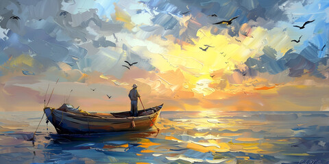 Obraz premium Serene Fisherman on a Boat at Sunset