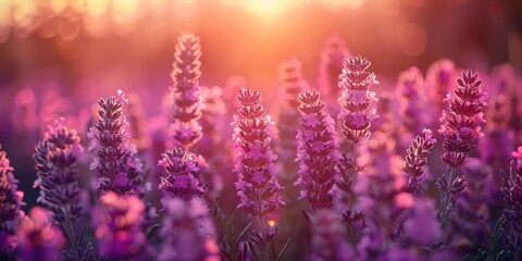 Fototapeta premium Field of Lavender Flowers at Sunset