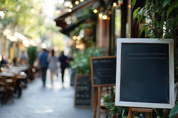 Obraz premium Cafe Sidewalk Signs Ready for Menu Descriptions with Bokeh Background of Strolling Couples