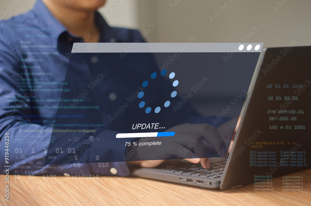 Fototapete a business person updates software, installs an update process, and upgrades the software version co