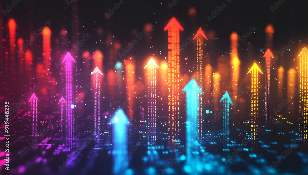 Poster vibrant digital arrows rising in a dynamic pattern, symbolizing progress and innovation in technolog