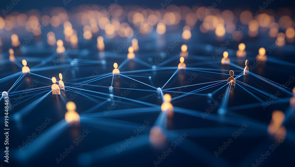 Poster a vibrant digital network connecting users with glowing nodes, symbolizing social interaction and co