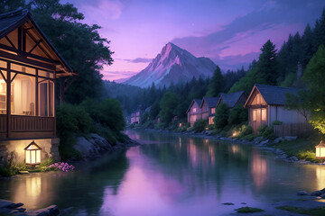 Fototapeta premium Beautiful village in a dreamy environment at sunset, house on the lake
