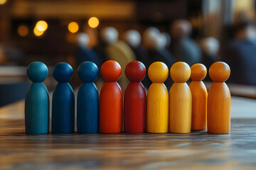 Colorful wooden figures arranged in a row, showcasing diversity and creativity in a cozy indoor setting.
