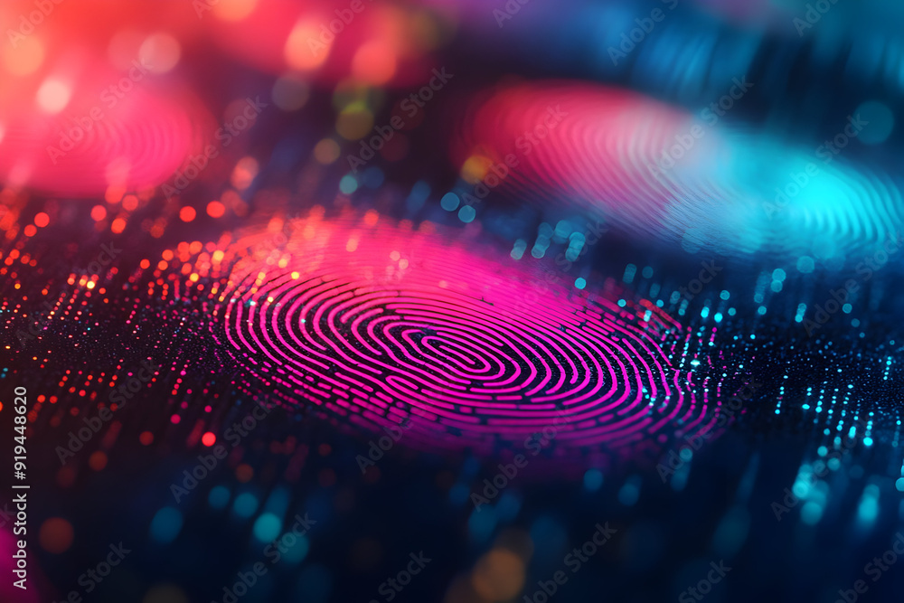 Poster colorful digital fingerprint design with vibrant lights, representing security and identity in a hig