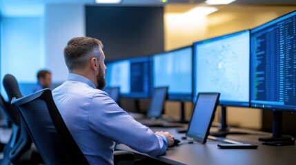 A man is sitting at a desk with a computer monitor in front of him