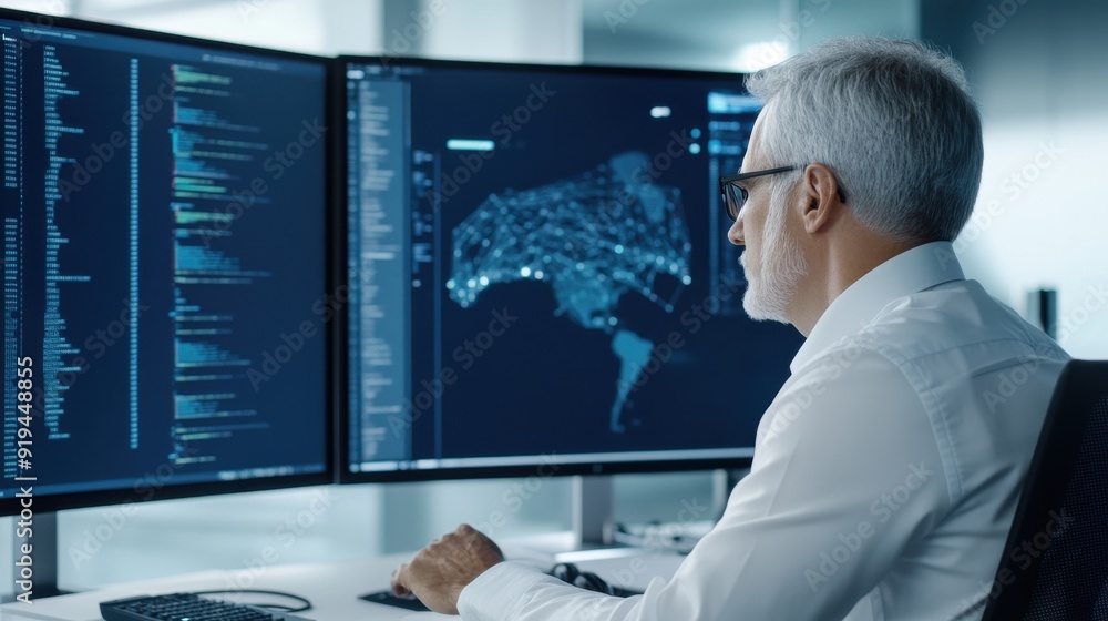 Poster a man is sitting in front of two computer monitors