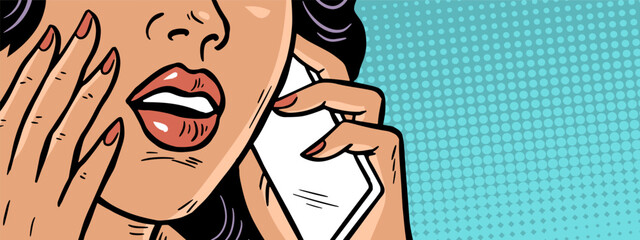 A young woman makes an urgent phone call. Concept of discounts, promotions and sales. Advertising banner. Cartoon vector colorful illustration. Pop art comic style. Hand drawn outline © Mikhail