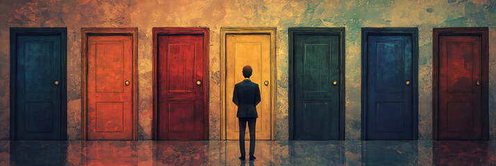 Man Standing in Front of Seven Doors.