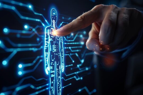 A finger points at a glowing digital human figure, representing the connection between technology and humanity.