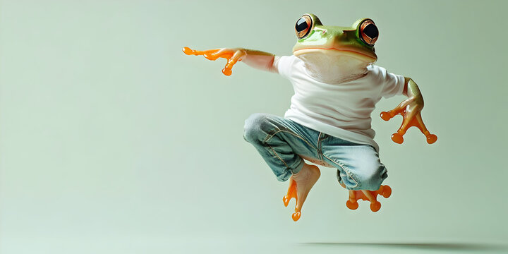A playful frog character dressed in casual clothes, leaping joyfully against a light backdrop, showcasing creativity and fun.