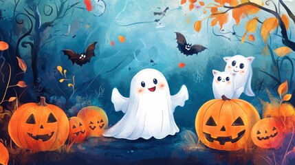 Whimsical Halloween-themed illustration with a friendly ghost, carved pumpkins, owls, and bats amidst autumn leaves, set against a blue mystical forest backdrop.