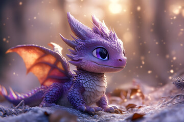 A small, magical dragon with purple scales and bright eyes, resting in a serene forest setting with sparkling light.
