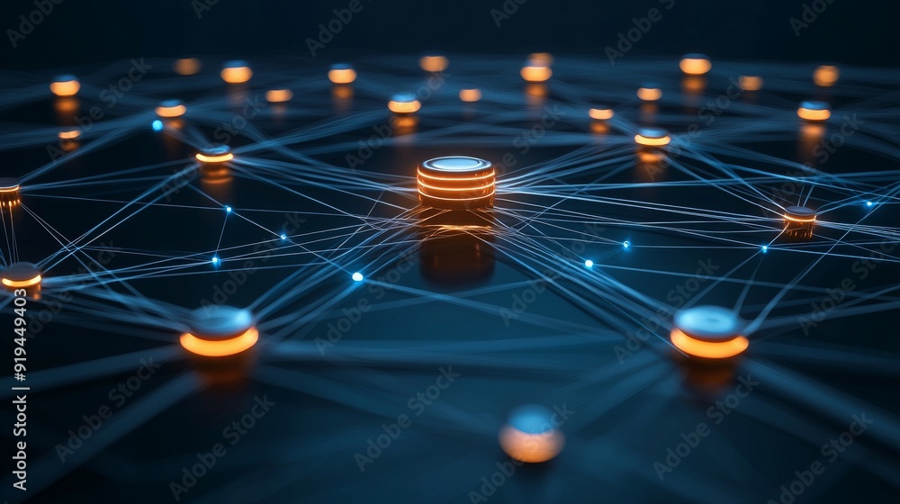 Poster semi close-up, futuristic network nodes connected by glowing lines, symbolizing rapid data transmiss
