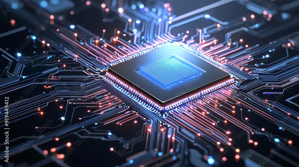 Aufkleber semi close-up, high-tech circuit board with pulsating neon light trails, depicting ultra-fast data p