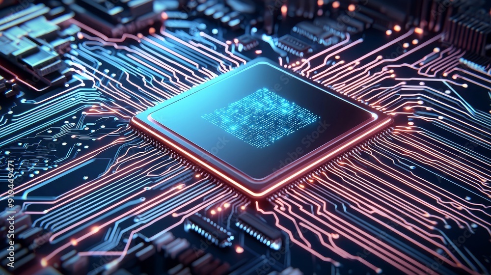 Aufkleber semi close-up, high-tech circuit board with pulsating neon light trails, depicting ultra-fast data p