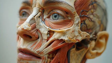 Gross anatomy of human face including muscles bones and skin layers