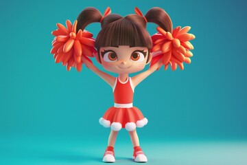 Adorable   girl doing cheerleading on blue background , 3D render , created ai