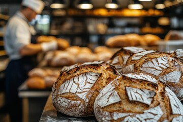 Artisan bread loaves fresh the oven at local bakery