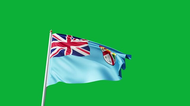 Flag of Fiji on a green screen, no background, flag on a flag pole waving in the wind, Asian island in Oceania, national symbol of Fiji island, video of a flag
