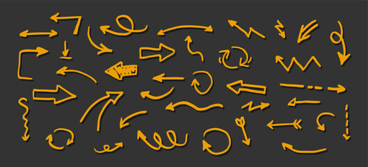 A set of yellow arrows on a black background, hand-drawn, doodle style. Vector icons