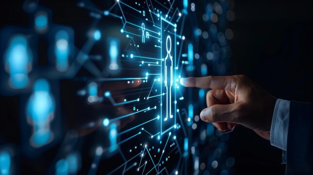 A hand reaches out to touch a glowing digital interface, representing the concept of accessing or controlling data.