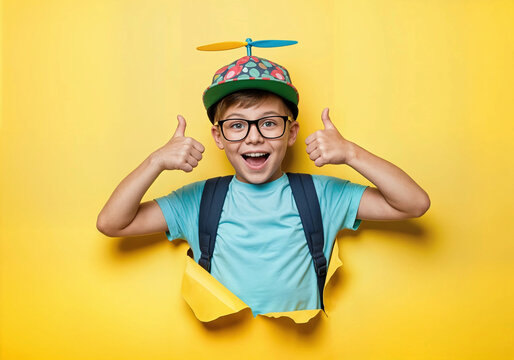 Un gar&ccedil;on &eacute;colier sur fond jaune de papier d&eacute;chir&eacute; montre un doigt vers le haut ou un pouce vers le haut, c'est la rentr&eacute;e scolaire !
