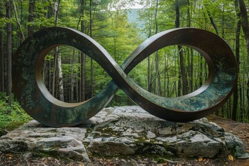 Large olive green metal infinity symbol outdoor installation in a forest surrounded by trees and rocks, blending with the natural environment.