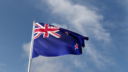 Flag of New Zealand on a blue sky, flag on a flag pole waving in the wind, Asian island in Oceania, national symbol of New Zealand, video of a flag - Powered by Adobe