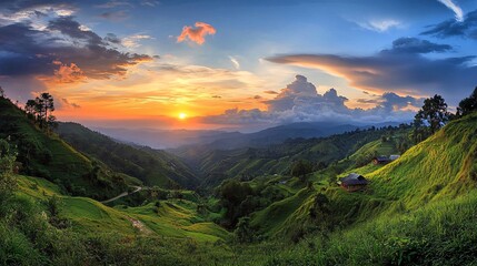 Breathtaking sunset over rolling hills with vibrant skies and lush greenery, capturing natures serene beauty