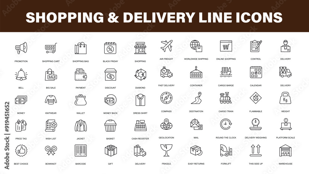 Poster online shopping and delivery elements web icon set - outline icon set. e-commerce, online shopping a
