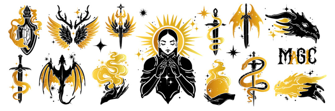 Linocut fantasy print, vector magic engraving dragon sticker, black gold mystic tattoo symbol, star. Female knight witchcraft spell, fairytale sword, hand drawn mystic illustration. Fantasy print set