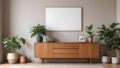 A modern living room with a wooden sideboard, a potted plant, and a blank framed wall art.